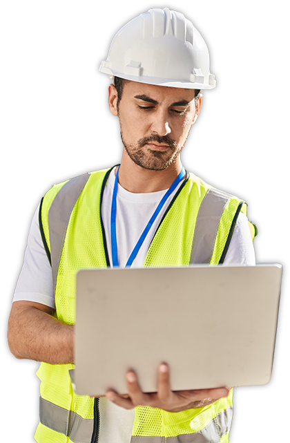 A Construction worker holding his laptop does his billing with AggMaps Bill
